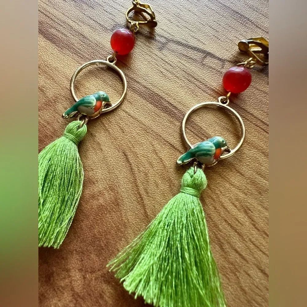 Green and Gold Parrot Tassel Clip On Earrings